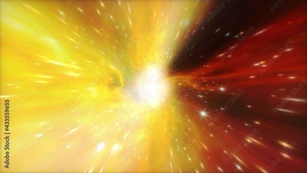 Poster 3d abstract jump in space in hyperspace tunnel. space travel flight in glow yellow orange light worm