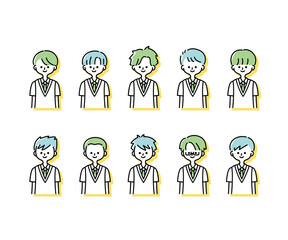 夏の制服を着た様々な男子学生のイラスト（上半身）
