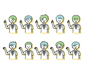 夏の制服を着た様々な男子学生のイラスト（上半身）