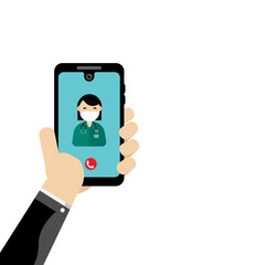 Fototapeta na wymiar Patient Hand holding smartphone with young female doctor.Video Call for consultation. Online medical services health care concept with copy space for banner,website and print. Vector flat illustration
