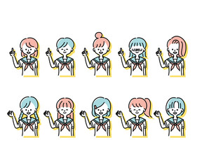 Naklejka premium 夏の制服を着た様々な女子学生のイラスト（上半身）