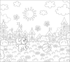 Happy little puppy playing with merry butterflies on grass of a sunny summer park in a pretty small town, black and white outline vector cartoon illustration for a coloring book page