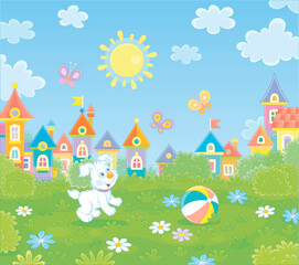 Obraz na płótnie Canvas Happy little puppy playing with merry colorful butterflies on green grass of a sunny summer park in a pretty small town, vector cartoon illustration