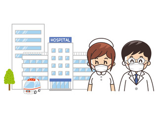 医療従事者と病院と救急車　マスク着用