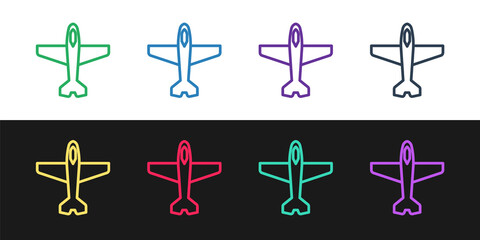 Set line Plane icon isolated on black and white background. Flying airplane icon. Airliner sign. Vector