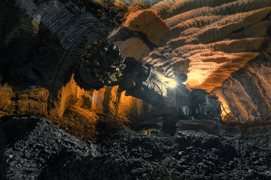 Drilling head of a mine roadheader. Underground mining of ore deposits