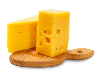 Cheese on wooden cutting board with white background