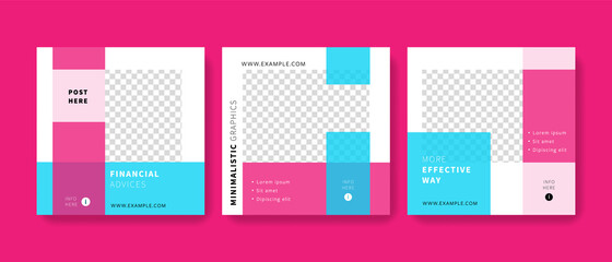 Modern business templates for social media posts. Financial advices square graphic layout with magenta and blue accent. 