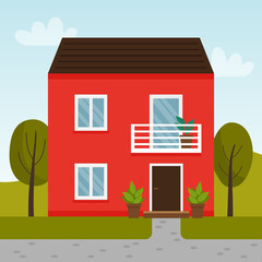 Vector flat illustration with red house. Two story house with balcony.