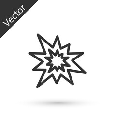 Grey line Bomb explosion with shrapnel and fireball icon isolated on white background. Vector