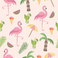 Seamless pattern flamingo and beach accessories hand-drawn