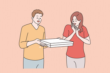 Pizza order delivery concept. Young smiling positive man and woman standing with ordered delivered pizza food and feeling happy hungry vector illustration 