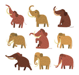 Flat cartoon set of mammoth in different poses. Vector illustration