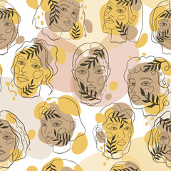 Modern seamless pattern women face line art.Fashion portrait hand drawn.
