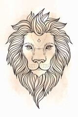 Patterned ornate lion head. African, Indian, totem, tattoo, sticker design. Design of t-shirt, bag, postcard and posters. Vector isolated illustration in black and white colors. Zodiac sign Leo.
