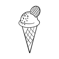 Hand drawn doodle wafer ice cream balls in crispy waffle cone. Sketch vector illustration for cafe menu, card decoration.