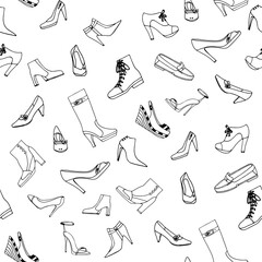Collection of women's shoes on a white background, seamless pattern.