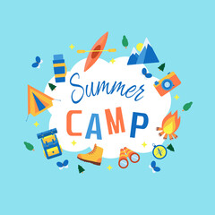 Summer camp banner with items for tourism.
