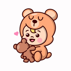CUTE BABY IN TEDDY BEAR COSTUME AND BRINGING A TEDDY BEAR DOLL CARTOON CHARACTER.