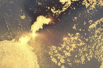 Abstract gray, gold and blue marble texture with sparkles. Vector background in alcohol ink technique. Modern paint with glitter. Template for banner, poster design. Fluid art painting