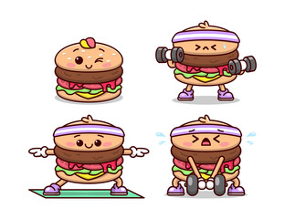 CUTE BURGER CARTOON CHARACTER ARE DOING EXERCISE. HIGH QUALITY CARTOON ILLUSTRATION SET.