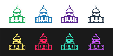 Set line White House icon isolated on black and white background. Washington DC. Vector