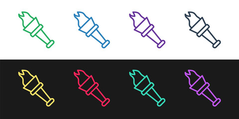 Set line Torch flame icon isolated on black and white background. Symbol fire hot, flame power, flaming and heat. Vector