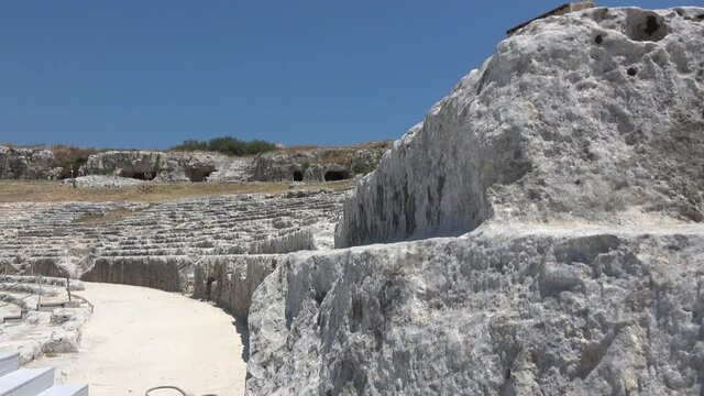 Greek Theatre of Syracuse (Siracusa), ruins of ancient monument, Sicily, Italy. Footage 4k