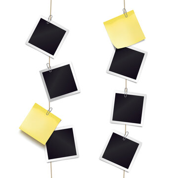 Yellow sticky notes and photo frames attached metal paper clips on tapes. Template for design. Vector illustration.
