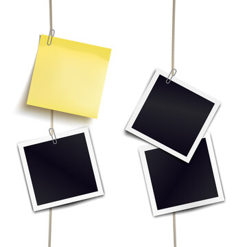 Yellow sticky note and photo frames attached metal paper clips on tapes. Template for design. Vector illustration.