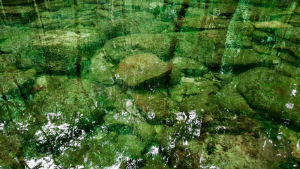 Clear river with green rocks and trees above the water surface, Nature leaves shadow over the river in the dark forest