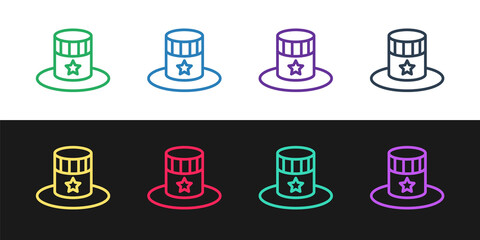 Set line Patriotic American top hat icon isolated on black and white background. Uncle Sam hat. American hat independence day. Vector