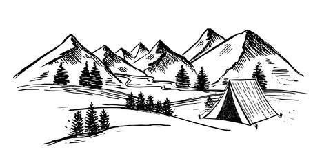 Sketch Camping in nature, Mountain landscape, vector illustrations.	