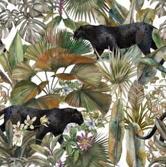 Tropical leaves, panther and orchid. Seamless vintage pattern. Wallpapers with tropical flowers and leaves © Арина Трапезникова