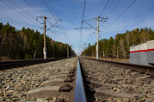 Double track railway. Direct section of the electrified double-track railway.
