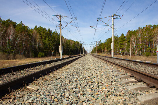 Double track railway. Direct section of the electrified double-track railway.
