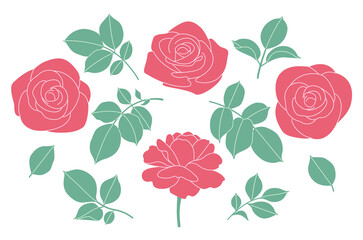 Simple Red Rose Flowers and Leaves Set