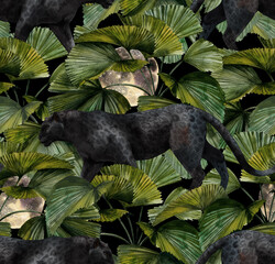 Tropical leaves, panther and orchid. Seamless vintage pattern. Wallpapers with tropical flowers and leaves © Арина Трапезникова