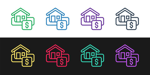 Fototapeta premium Set line Hanging sign with text Sale icon isolated on black and white background. Signboard with text Sale. Vector