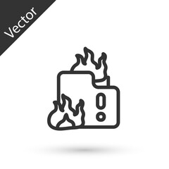Grey line Fire in burning house icon isolated on white background. Vector