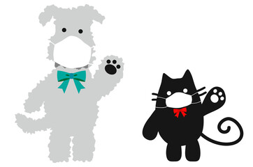 肉球を見せて手を振っているマスクとリボン姿の犬と猫。
A dog and a cat wearing the surgical masks and bow ties.