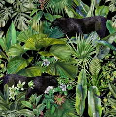 Tapeten Tropisch Satz 1 Tropische Blätter, Panther und Orchidee. Nahtloses Vintage-Muster. Tapeten mit tropischen Blumen und Blättern