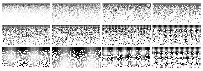 Pixel fade pattern. Square halftone set. Digital data block image. Breaking matrix illustration. Abstract vector background with texture effect.