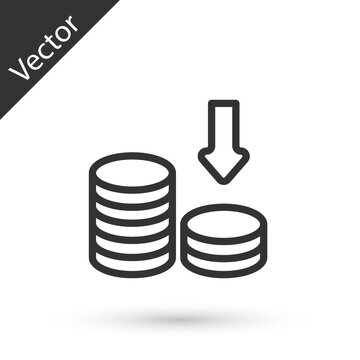 Grey line Dollar rate decrease icon isolated on white background. Cost reduction. Money symbol with down arrow. Business lost crisis decrease. Vector