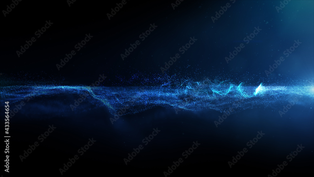 Fototapete Futuristic digitally generated motion graphic particles wave flowing in virtual reality abstract cyber space environment de-focus abstract background