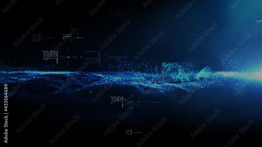Aufkleber Futuristic digitally generated motion graphic particles wave flowing in virtual reality abstract cyber space environment de-focus abstract background