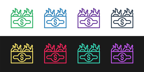 Set line Burning dollar bill icon isolated on black and white background. Dollar bill on fire. Burning of savings. Vector