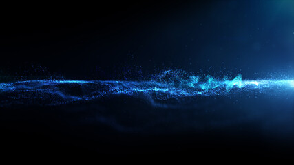 Futuristic digitally generated motion graphic particles wave flowing in virtual reality abstract cyber space environment de-focus abstract background