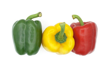 Fresh green, red and yellow sweet pepper or bell pepper, Spice seasoning, Ingredients for spicy food, Isolated on white background, Cut out with clipping path, Top view