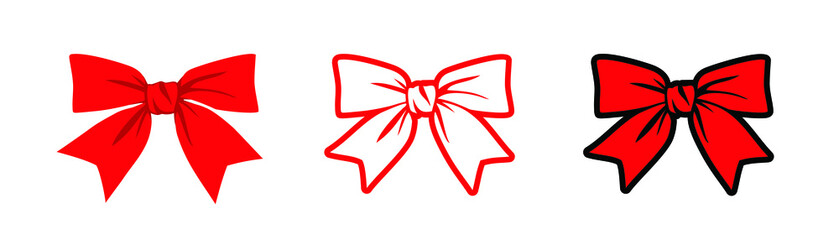 Red bow to decorate a gift or birthday greetings. Decor for postcards for New Year or Christmas. Vector illustration.